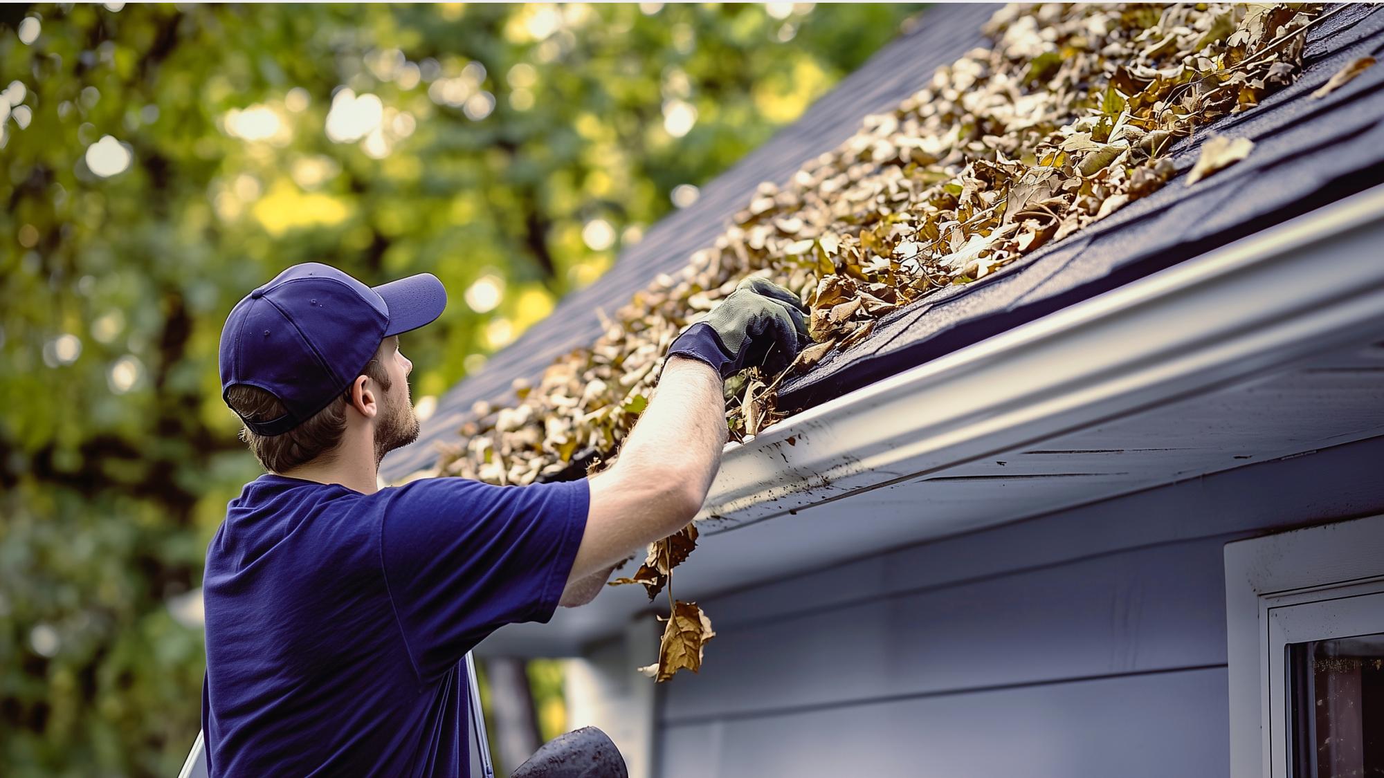 A person wearing a blue shirt and cap is clearing leaves from a roof gutter in a green, tree-filled environment.